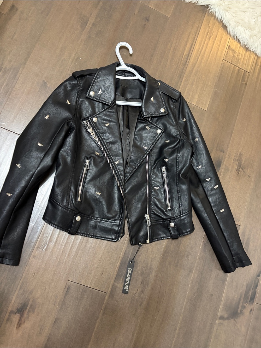 Blank NYC Black Faux Leather Moto Jacket with silver dragonfly Studs